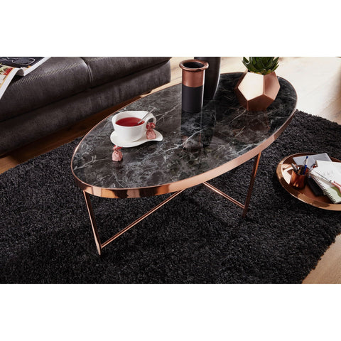 Rootz Coffee Table - Side Table - Oval Coffee Table - Marble Look - Black - Copper - 110 x 56 x 40 cm