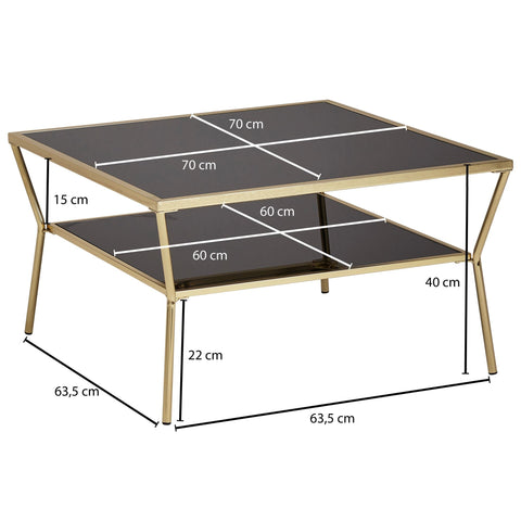 Rootz Couchtisch – Schwarzes Glas – 2 Ebenen – Goldfarbener Metallrahmen – Wohnzimmer-Beistelltisch – 70 x 70 cm