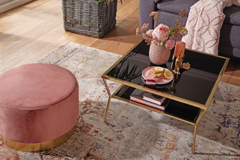 Rootz Couchtisch – Schwarzes Glas – 2 Ebenen – Goldfarbener Metallrahmen – Wohnzimmer-Beistelltisch – 70 x 70 cm