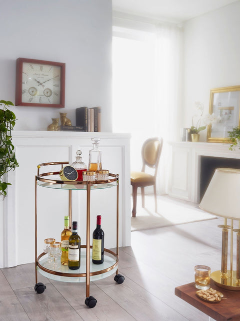 Rootz Serving Trolley - Gold - Round 50cm - 2 Levels with Brake - Side Table on Castors with Glass Top - Dining Car - Kitchen and Tea Trolley