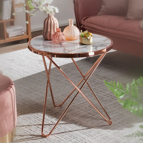 Rootz Side table - Coffee table - Marble look - Copper - Round - Ø 55 - White