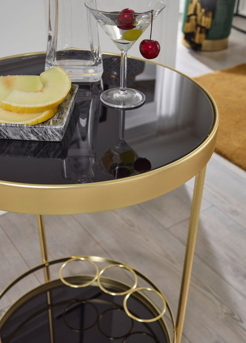 Rootz Trolley - 2 Levels - Side Table on Castors with Glass Top - Black Dining Car - Kitchen and Tea Trolley - Gold - Round - 45cm