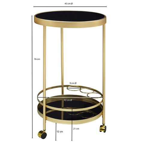 Rootz Trolley - 2 Levels - Side Table on Castors with Glass Top - Black Dining Car - Kitchen and Tea Trolley - Gold - Round - 45cm