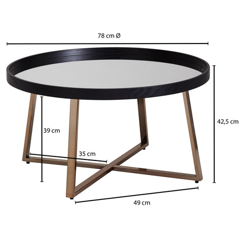 Rootz Coffee Table - Side Table - Round Coffee Table - Mirror Glass - Gold - Black - Ø 78 cm