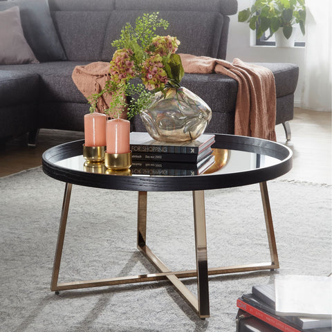 Rootz Coffee Table - Side Table - Round Coffee Table - Mirror Glass - Gold - Black - Ø 78 cm
