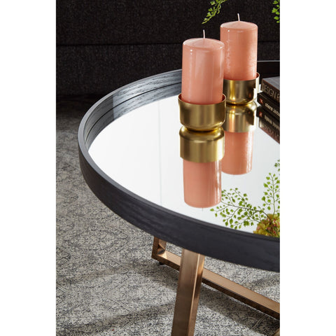 Rootz Coffee Table - Side Table - Round Coffee Table - Mirror Glass - Gold - Black - Ø 78 cm