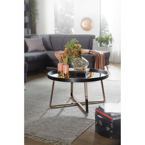 Rootz Coffee Table - Side Table - Round Coffee Table - Mirror Glass - Gold - Black - Ø 78 cm
