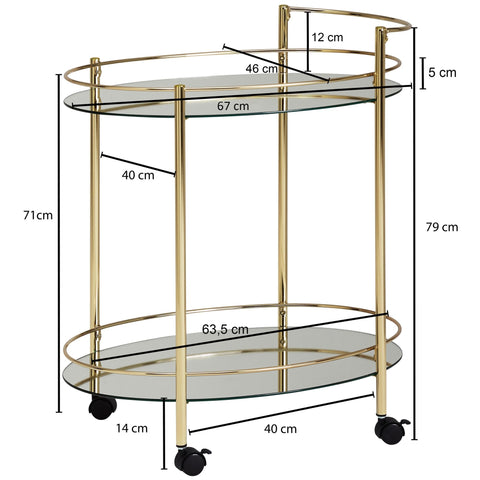 Rootz Serving Trolley - Mobile Mini Bar - Side Table on Wheels - Dining Car with White Glass Top - Kitchen and Tea Trolley - Gold - 67x79cm