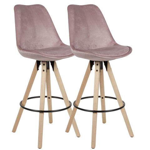 Rootz Bar Stools - Pink Velvet - Solid Wood - Scandinavian Design (2 Pieces) - Set of 2 - Counter Stools with Backrest - Seat Height 77cm