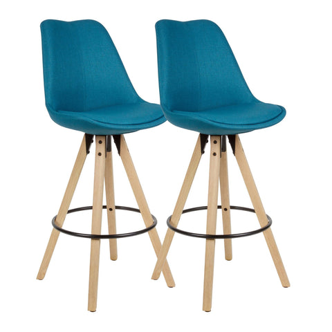 Rootz Bar Stools - Petrol Fabric - Solid Wood - Scandinavian Design (2 Pieces) -  Set of 2 Counter Stools with Backrest - Seat Height 77cm