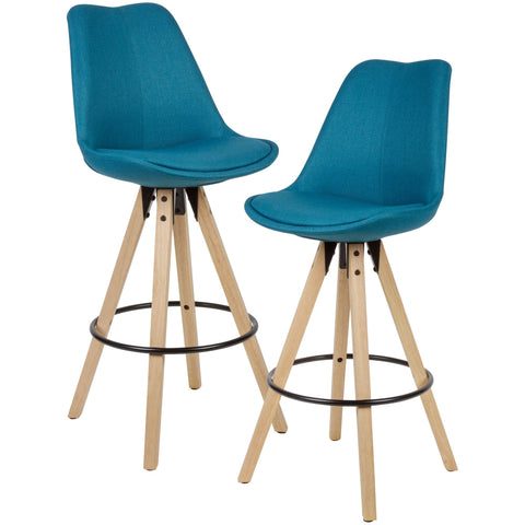 Rootz Bar Stools - Petrol Fabric - Solid Wood - Scandinavian Design (2 Pieces) -  Set of 2 Counter Stools with Backrest - Seat Height 77cm