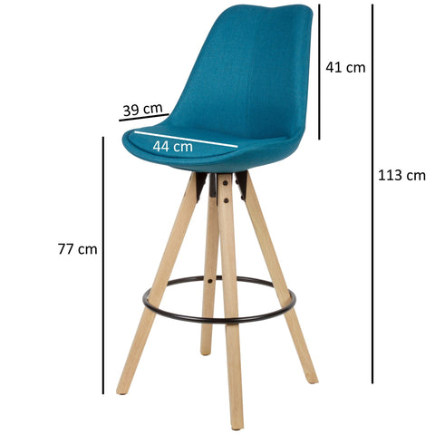 Rootz Bar Stools - Petrol Fabric - Solid Wood - Scandinavian Design (2 Pieces) -  Set of 2 Counter Stools with Backrest - Seat Height 77cm