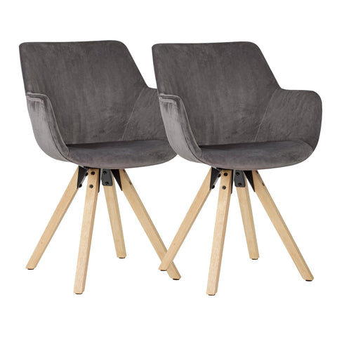 Rootz Cozy Dining Chair - Dark Gray Armchair with Wooden Legs - Set of 2 - Modern Velvet Upholstered Kitchen Chairs