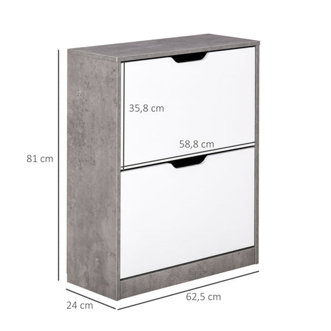 Rootz Schuhschrank – Schuhregal – 2 kippbare Schubladen – Spanplatte – Grau / Weiß – 62,5 x 24 x 81 cm