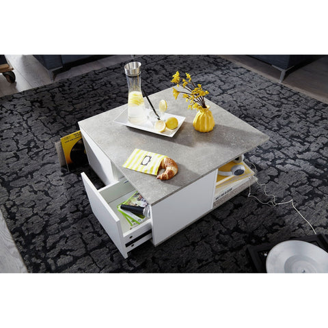 Rootz Coffee Table - Coffee Table - Square - 2 Drawers - Storage Compartment - On Wheels - White - Cement Gray - Processed Wood - 70 x 70 cm