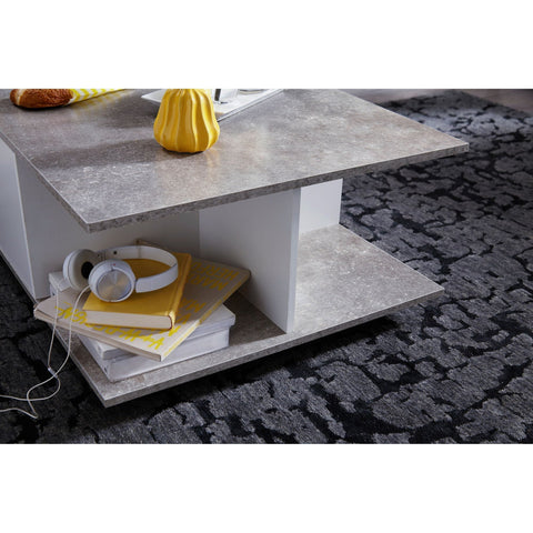 Rootz Coffee Table - Coffee Table - Square - 2 Drawers - Storage Compartment - On Wheels - White - Cement Gray - Processed Wood - 70 x 70 cm