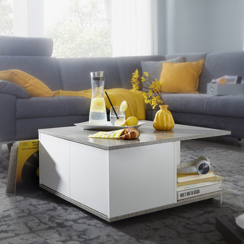 Rootz Coffee Table - Coffee Table - Square - 2 Drawers - Storage Compartment - On Wheels - White - Cement Gray - Processed Wood - 70 x 70 cm