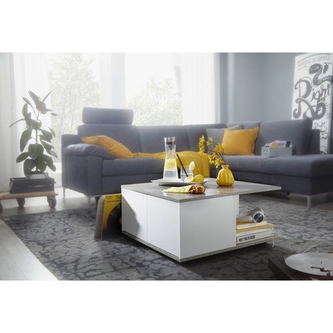 Rootz Coffee Table - Coffee Table - Square - 2 Drawers - Storage Compartment - On Wheels - White - Cement Gray - Processed Wood - 70 x 70 cm