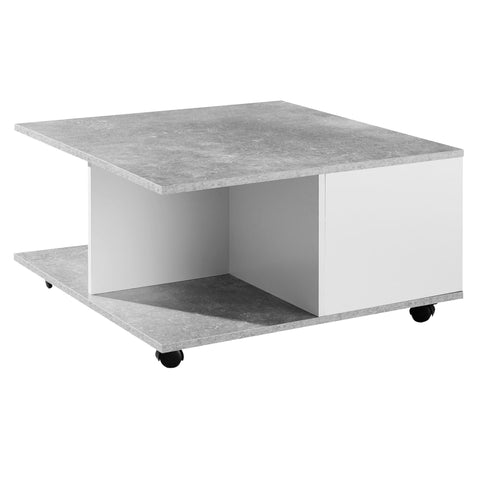 Rootz Coffee Table - Coffee Table - Square - 2 Drawers - Storage Compartment - On Wheels - White - Cement Gray - Processed Wood - 70 x 70 cm
