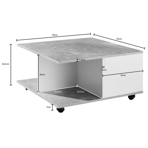 Rootz Coffee Table - Coffee Table - Square - 2 Drawers - Storage Compartment - On Wheels - White - Cement Gray - Processed Wood - 70 x 70 cm