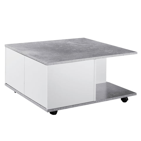 Rootz Coffee Table - Coffee Table - Square - 2 Drawers - Storage Compartment - On Wheels - White - Cement Gray - Processed Wood - 70 x 70 cm
