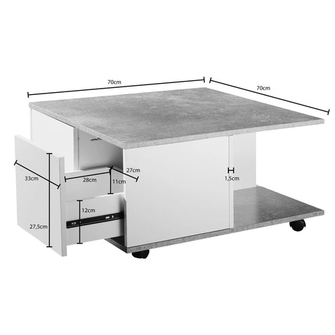 Rootz Coffee Table - Coffee Table - Square - 2 Drawers - Storage Compartment - On Wheels - White - Cement Gray - Processed Wood - 70 x 70 cm