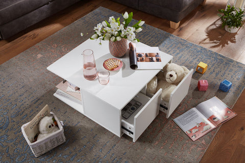 Rootz Couchtisch – Wohnzimmertisch mit 2 Schubladen und Rollen – Tisch mit 2 Fächern – Weiß – 70 x 70 cm 