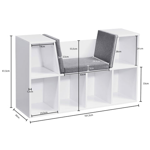 Rootz Design Shelf with Seat - Freestanding Shelf with Gray Seat Cover - Bench with 6 Compartments - White Matt - 101.5 x 61.5 x 30 cm