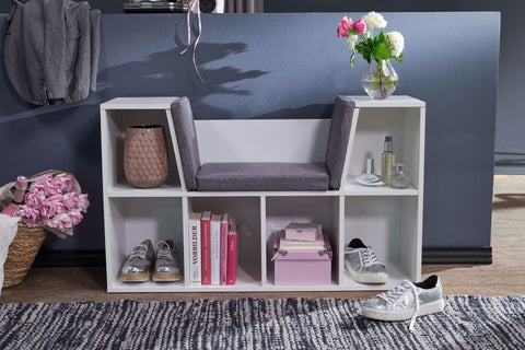 Rootz Design Shelf with Seat - Freestanding Shelf with Gray Seat Cover - Bench with 6 Compartments - White Matt - 101.5 x 61.5 x 30 cm