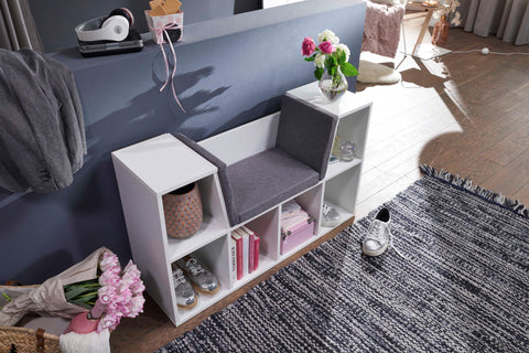 Rootz Design Shelf with Seat - Freestanding Shelf with Gray Seat Cover - Bench with 6 Compartments - White Matt - 101.5 x 61.5 x 30 cm