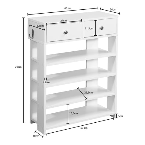 Rootz Shoe Rack - Hall Shelf White - Shelf with 2 Drawers, High Shelf with 4 Compartments - 60 x 79 x 24 cm