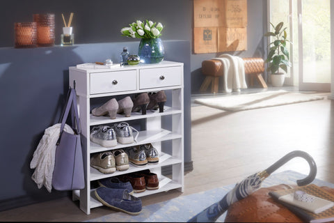 Rootz Shoe Rack - Hall Shelf White - Shelf with 2 Drawers, High Shelf with 4 Compartments - 60 x 79 x 24 cm