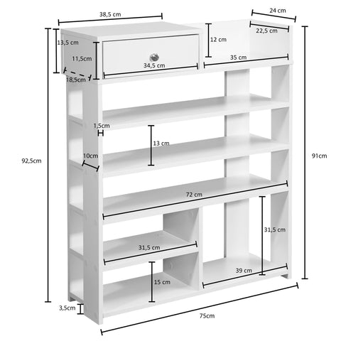 Rootz Shoe Rack - Hall Shelf White - High Shelf with 7 Compartments and Drawer - 75 x 92.5 x 24 cm