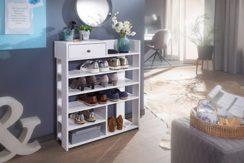 Rootz Shoe Rack - Hall Shelf White - High Shelf with 7 Compartments and Drawer - 75 x 92.5 x 24 cm