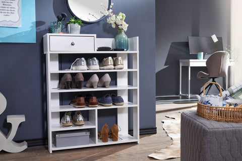 Rootz Shoe Rack - Hall Shelf White - High Shelf with 7 Compartments and Drawer - 75 x 92.5 x 24 cm