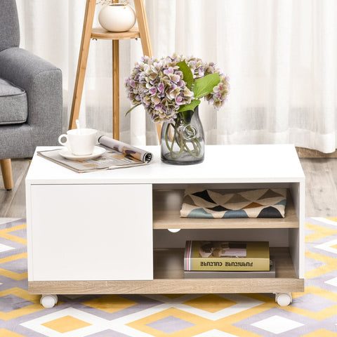 Rootz TV Furniture - On Wheels - 2 Open Shelves - Storage Compartment - Natural Color - White - 80 x 45 x 39.5 cm