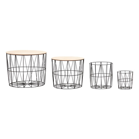 Rootz Basket Beistelltisch-Set – 4-teilig – schwarze Eiche – moderne Korbtische mit abnehmbarem Tablett und Stauraum 