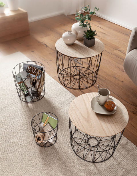 Rootz Basket Beistelltisch-Set – 4-teilig – schwarze Eiche – moderne Korbtische mit abnehmbarem Tablett und Stauraum 
