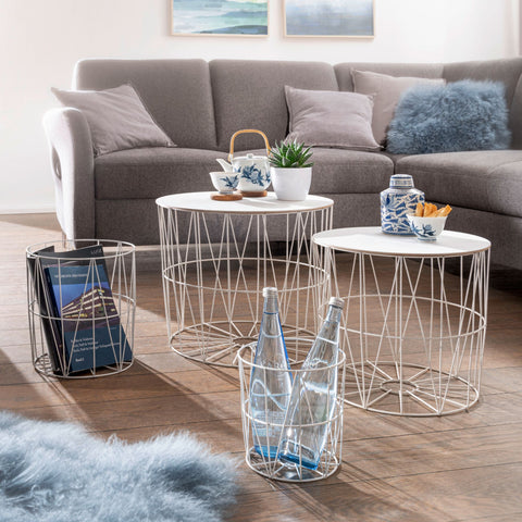 Rootz Basket Beistelltisch-Set – 4-teilig – Weiß – Moderne Korbtische mit abnehmbarem Tablett und Stauraum