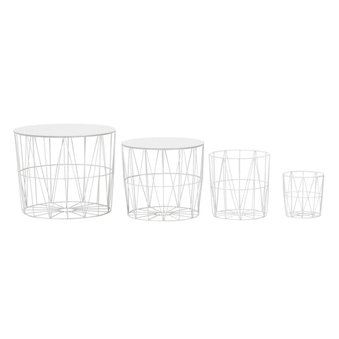 Rootz Basket Beistelltisch-Set – 4-teilig – Weiß – Moderne Korbtische mit abnehmbarem Tablett und Stauraum
