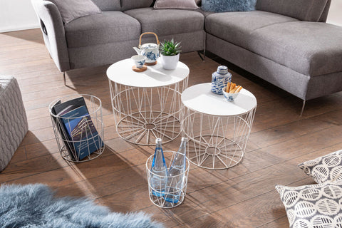 Rootz Basket Beistelltisch-Set – 4-teilig – Weiß – Moderne Korbtische mit abnehmbarem Tablett und Stauraum