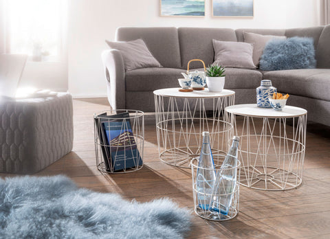 Rootz Basket Beistelltisch-Set – 4-teilig – Weiß – Moderne Korbtische mit abnehmbarem Tablett und Stauraum