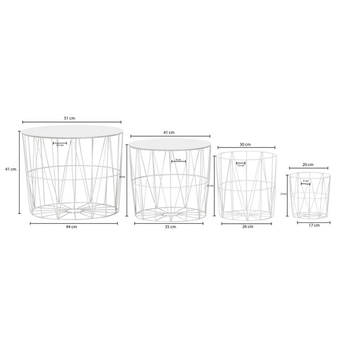 Rootz Basket Beistelltisch-Set – 4-teilig – Weiß – Moderne Korbtische mit abnehmbarem Tablett und Stauraum