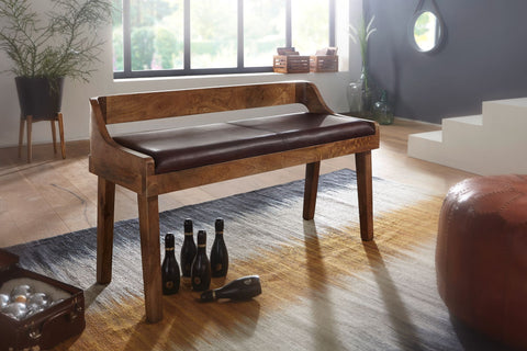 Rootz Bench - Echt leer - Gestoffeerde bank met rugleuning - Bruin voor gang of slaapkamer - Kleine leren bedbank - Massief hout - 108x63x43cm 