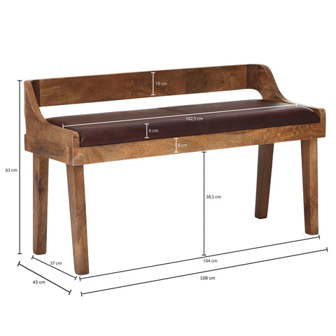 Rootz Bench - Echt leer - Gestoffeerde bank met rugleuning - Bruin voor gang of slaapkamer - Kleine leren bedbank - Massief hout - 108x63x43cm 