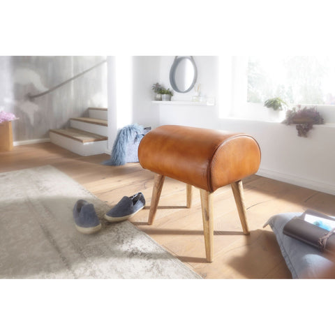 Rootz Newburg Stool - Leather Stool - Solid Mango Wood - Goat Leather - Springbok - Brown - Wood - 45x53x40 cm - Stool