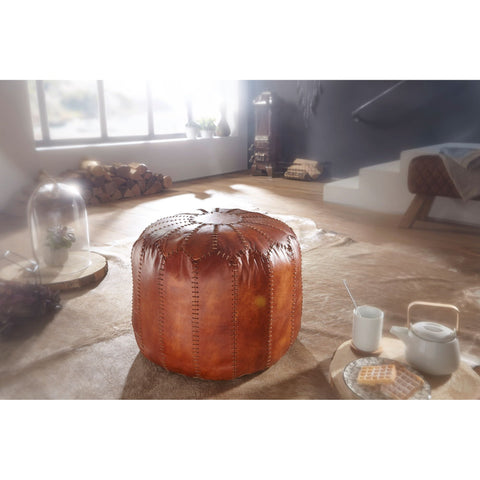 Rootz Pouf - Leather Pouf - Genuine Leather - Stool - Upholstered Pouf - Round Pouf - 52 x 40 x 52 cm - Brown