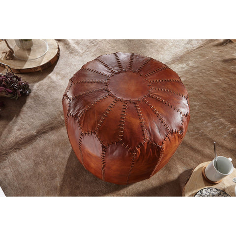 Rootz Pouf - Leather Pouf - Genuine Leather - Stool - Upholstered Pouf - Round Pouf - 52 x 40 x 52 cm - Brown