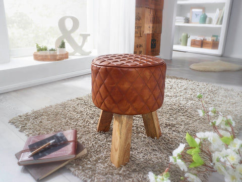 Rootz Kruk - Echt Leer - Moderne Ronde Voet Kruk - Bruin Turnbock Leer - Kleine Gestoffeerde Houten Kruk - Massief Hout - 35x46x35cm 