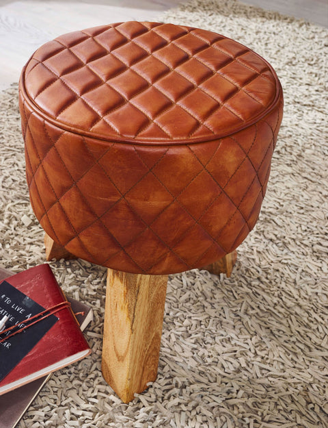 Rootz Kruk - Echt Leer - Moderne Ronde Voet Kruk - Bruin Turnbock Leer - Kleine Gestoffeerde Houten Kruk - Massief Hout - 35x46x35cm 